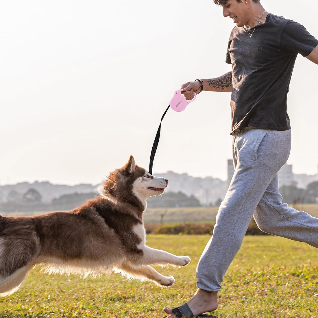 Pink Retractable Dog Leash,Strong Nylon Tape-One-Handed One Button