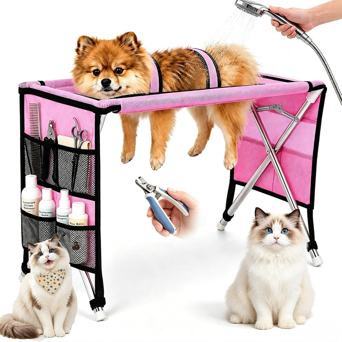 Dog Grooming Hammock with Stand for Small Dogs and Cats, Pink