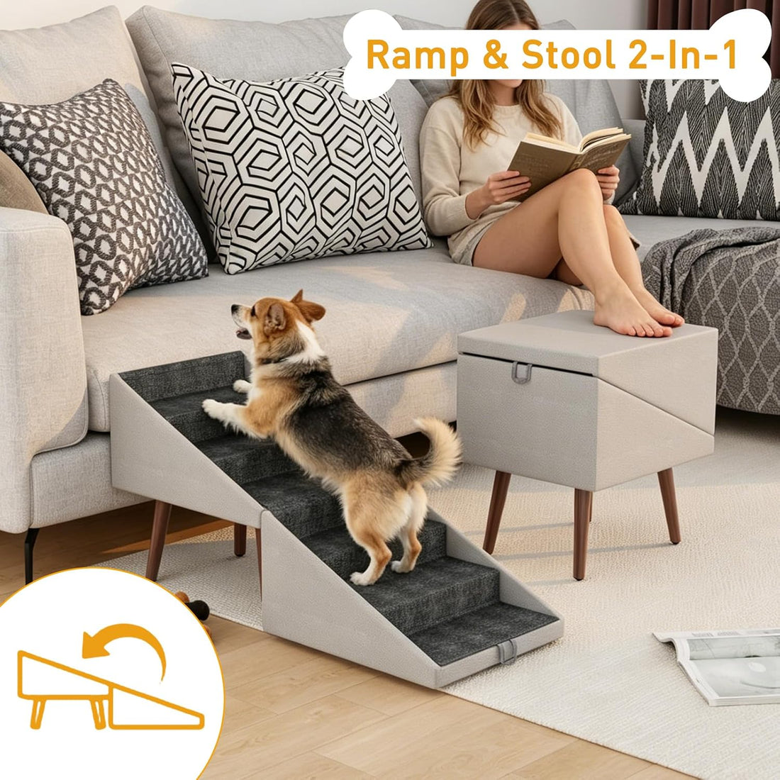 Dog Stairs for High Bed & Couch, 2-in-1 Foldable Ottoman Dog Ramp