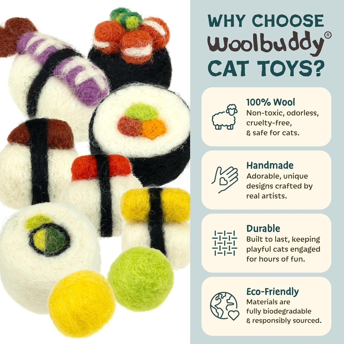 Woolbuddy Sushi Cat Toy Set – Wool Felt Interactive Toys for Indoor