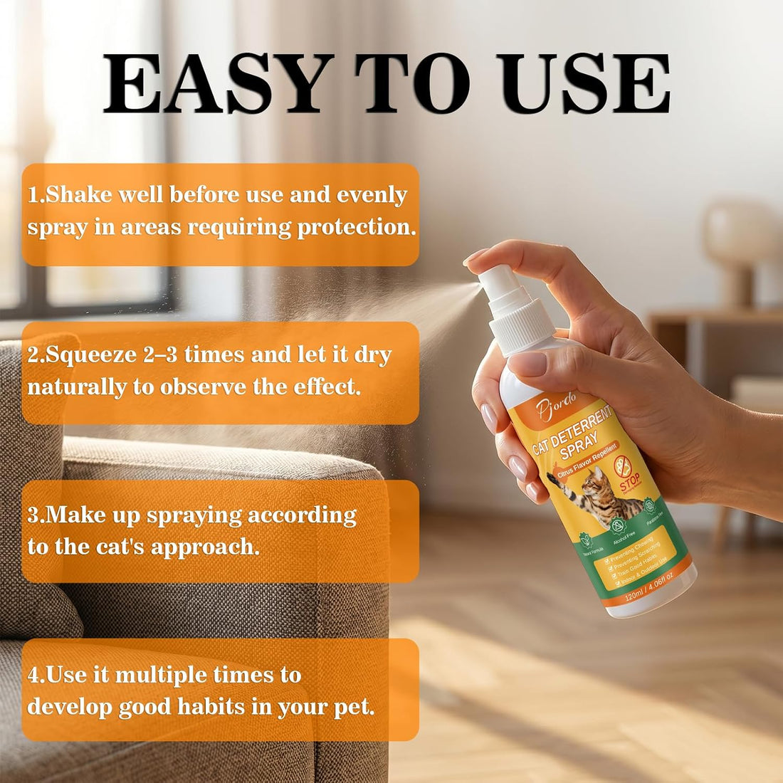 Pjordo Citrus Scent Cat Deterrent Spray, Stop Cat Chewing & Scratching