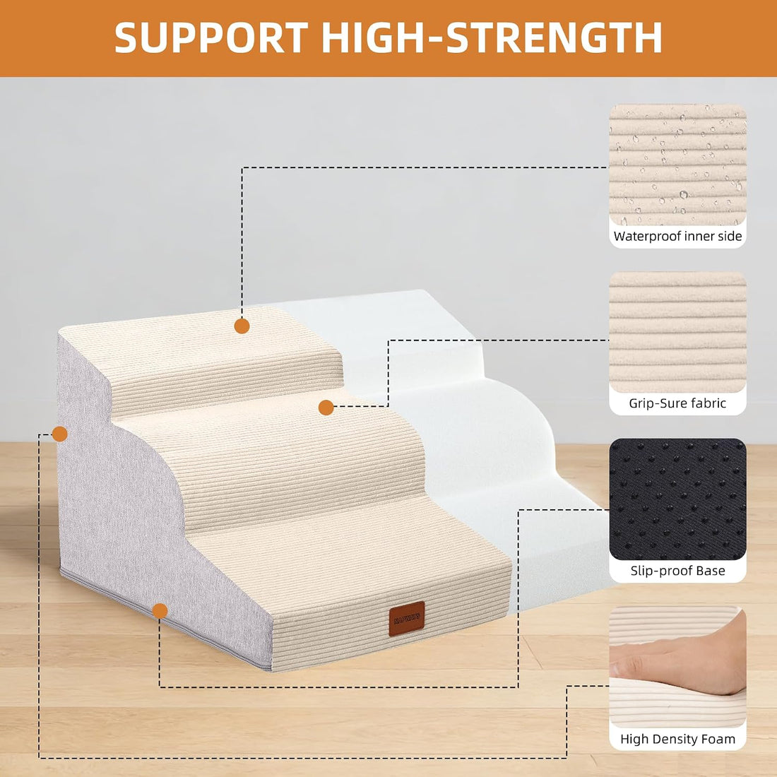 Dog Stairs for Small Dogs,15.7" H,3-Step Curved Pet Ramp for Bed