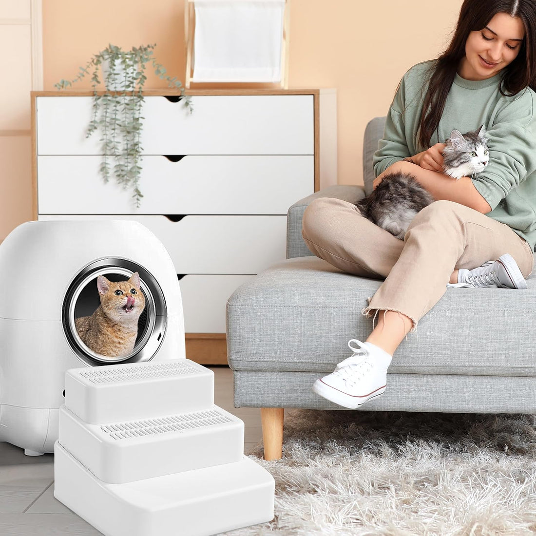 BALAPET Adjustable 3 Steps Litter Box Ramp with Filter Function