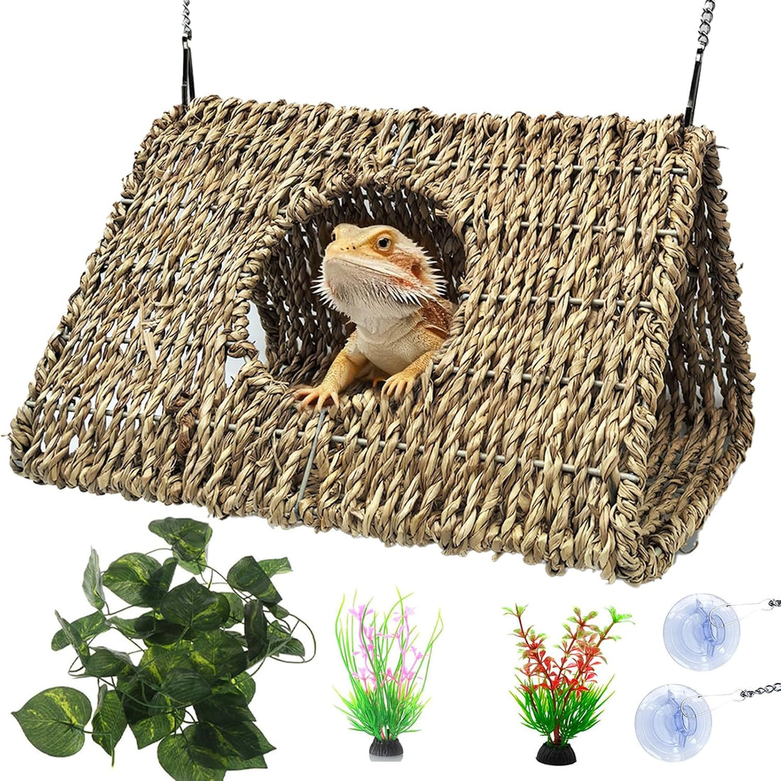 Hanging Reptile Hide Cave,Natural Seagrass Bearded Dragon Hammock