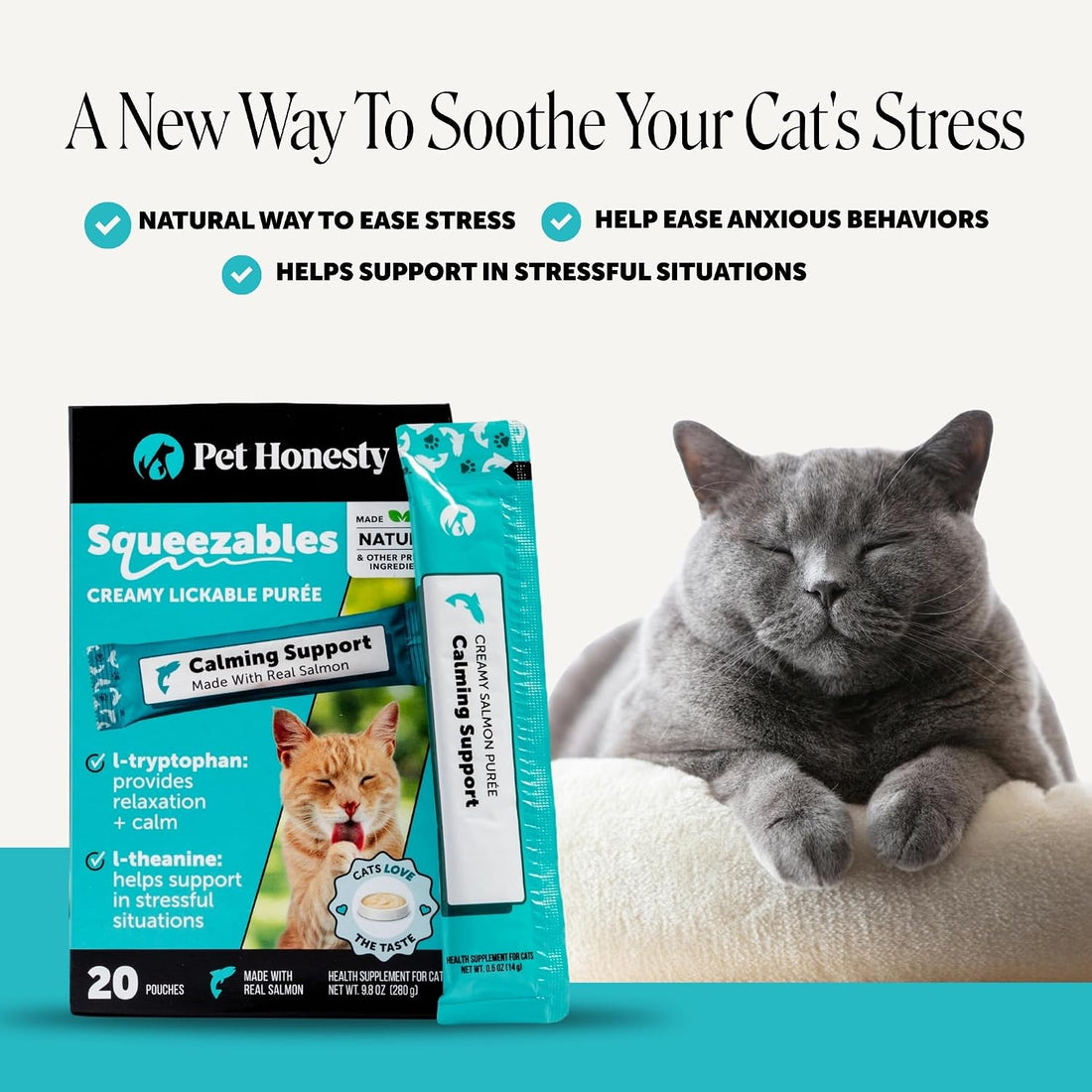 Pet Honesty Vet Backed Cat Calming Supplement Puree, Salmon, 20 Ct