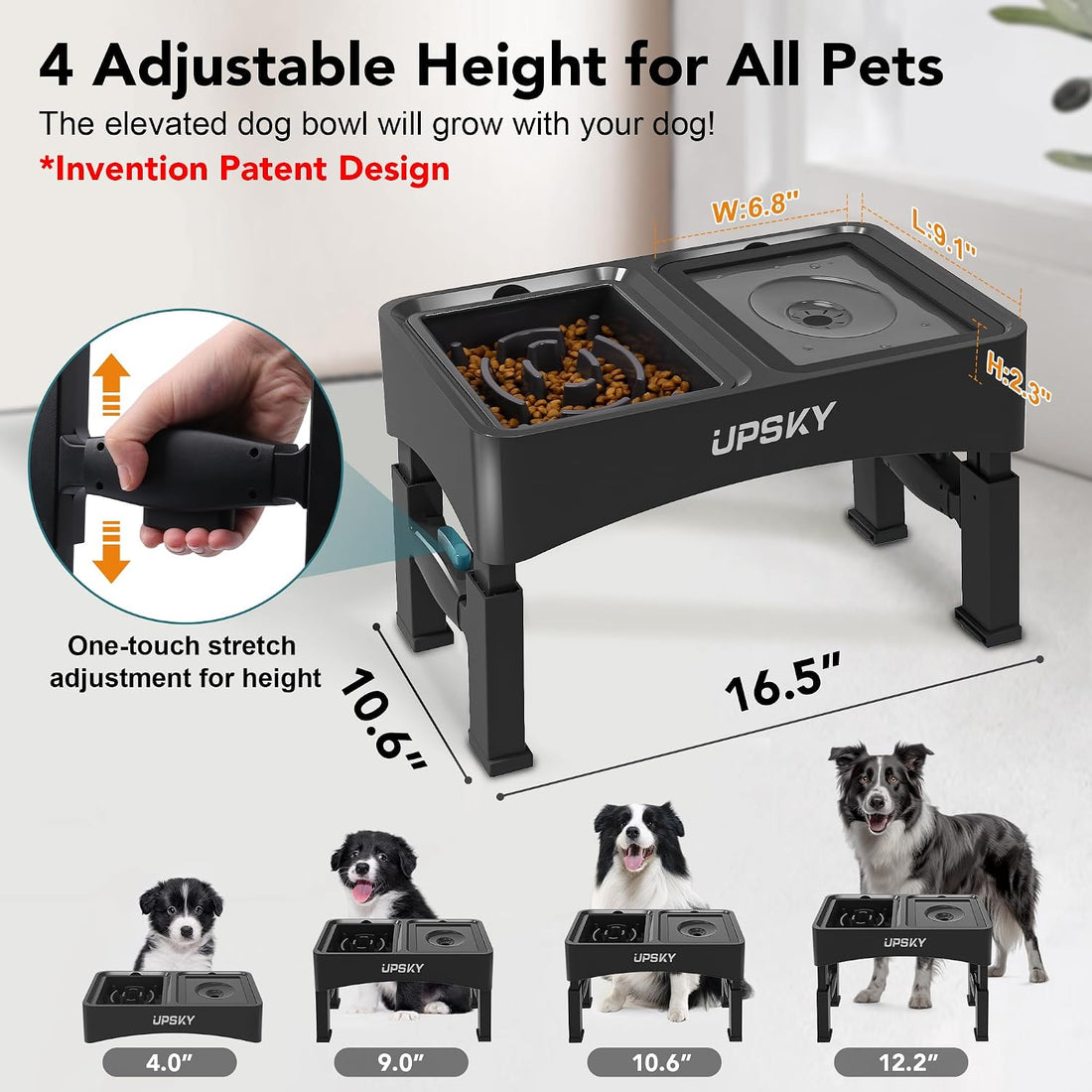 UPSKY 2-in-1 Elevated Dog Bowls Set with 4 Height Adjustable Stand