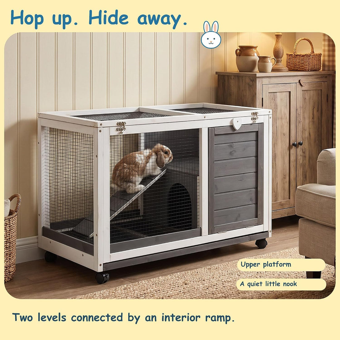 Wooden Rabbit Hutch Indoor Large Bunny Rabbit Cage Grey 34"