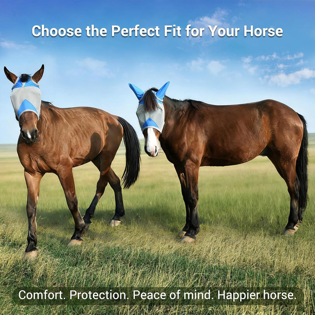 Horse Fly Mask with Ears, UV Block Breathable Mesh (Blue, L)