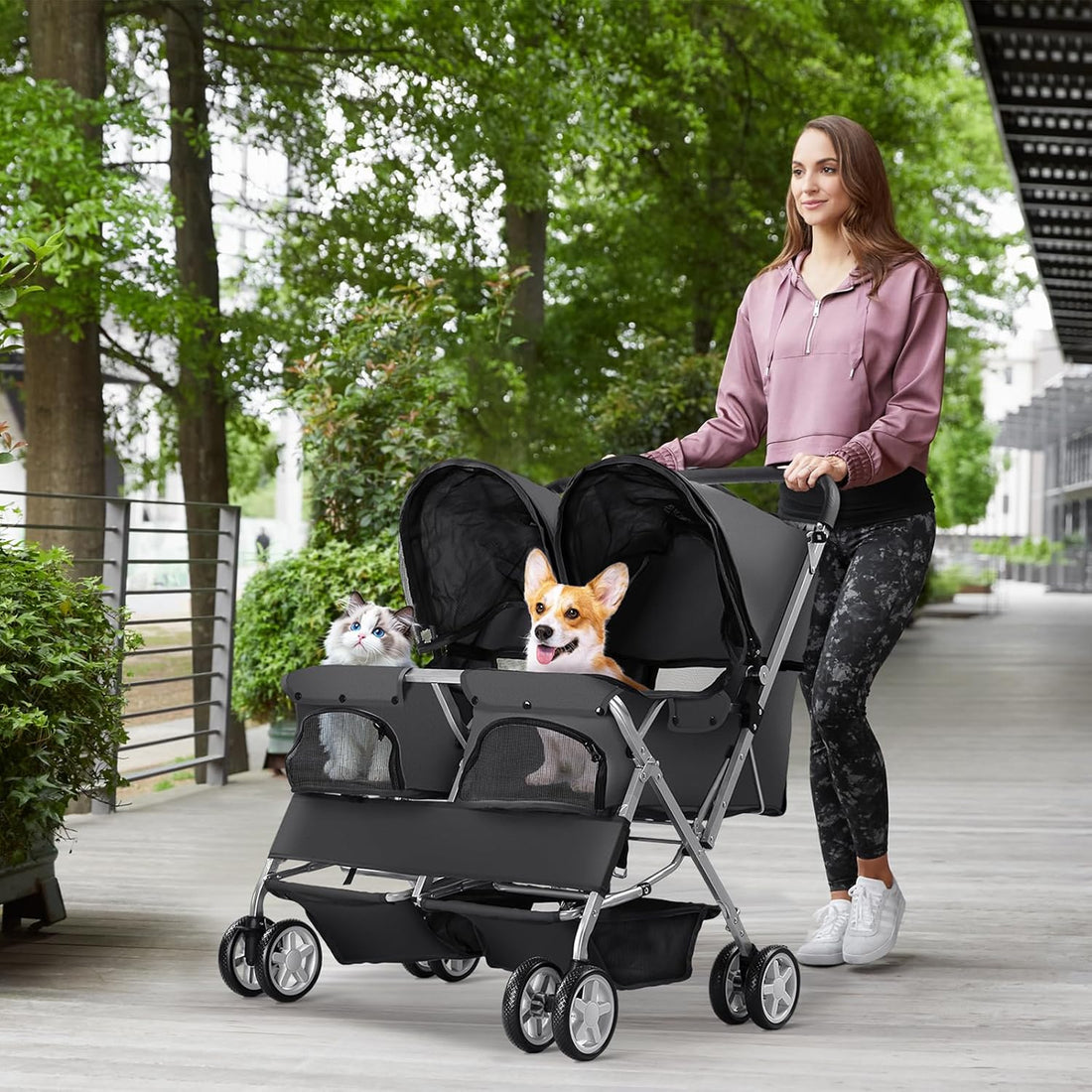 Double Pet Stroller for 2 Dogs & Cats, Side-by-Side
