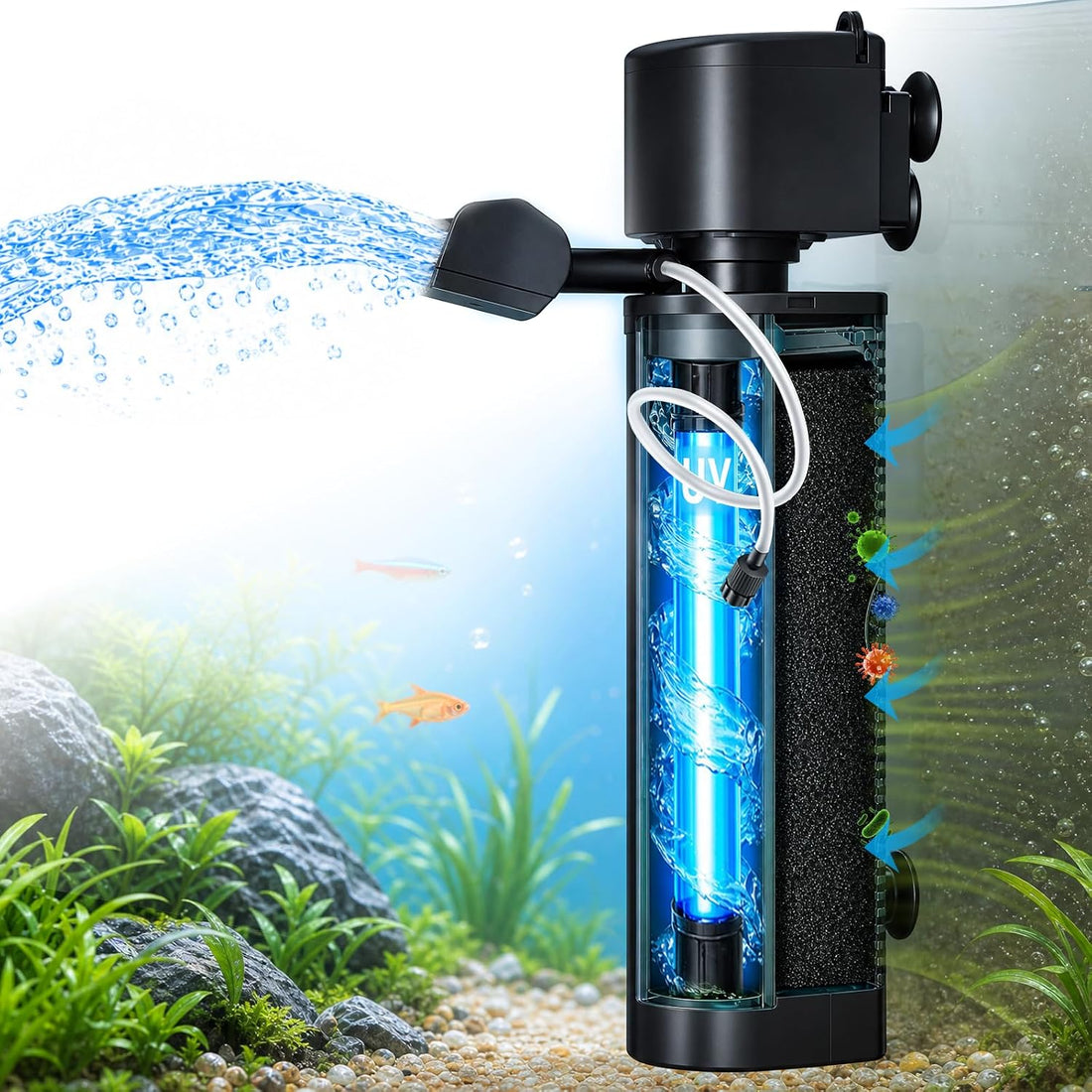 COOSPIDER Aquarium Filter with 6W U-V Light 158GPH for 10-45 Gallon