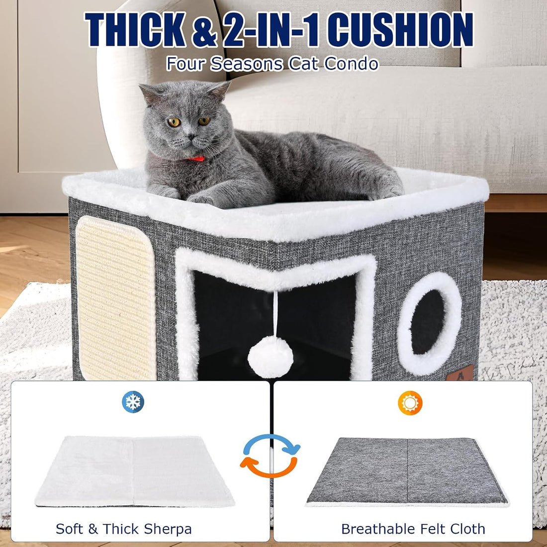 Cat Beds for Indoor Cats, Large Cat Cave Bed with Scratch Pad