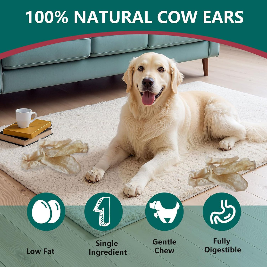 Natural Farm Cow Ears Dog Chews, Thick Cut Rawhide Alternative,120g