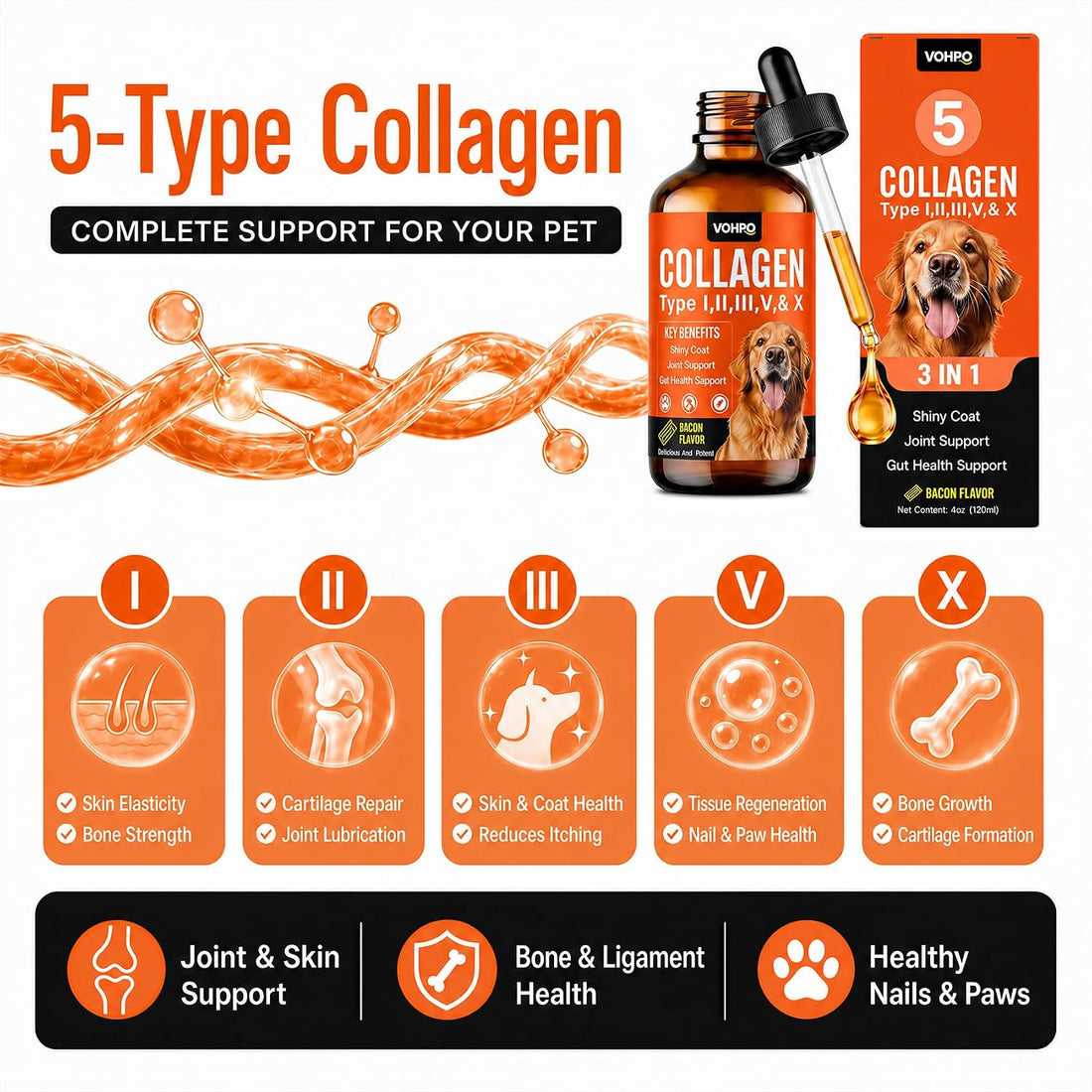 Premium 5-Type Grass-Fed Liquid Collagen for Dogs & Cats Supplement