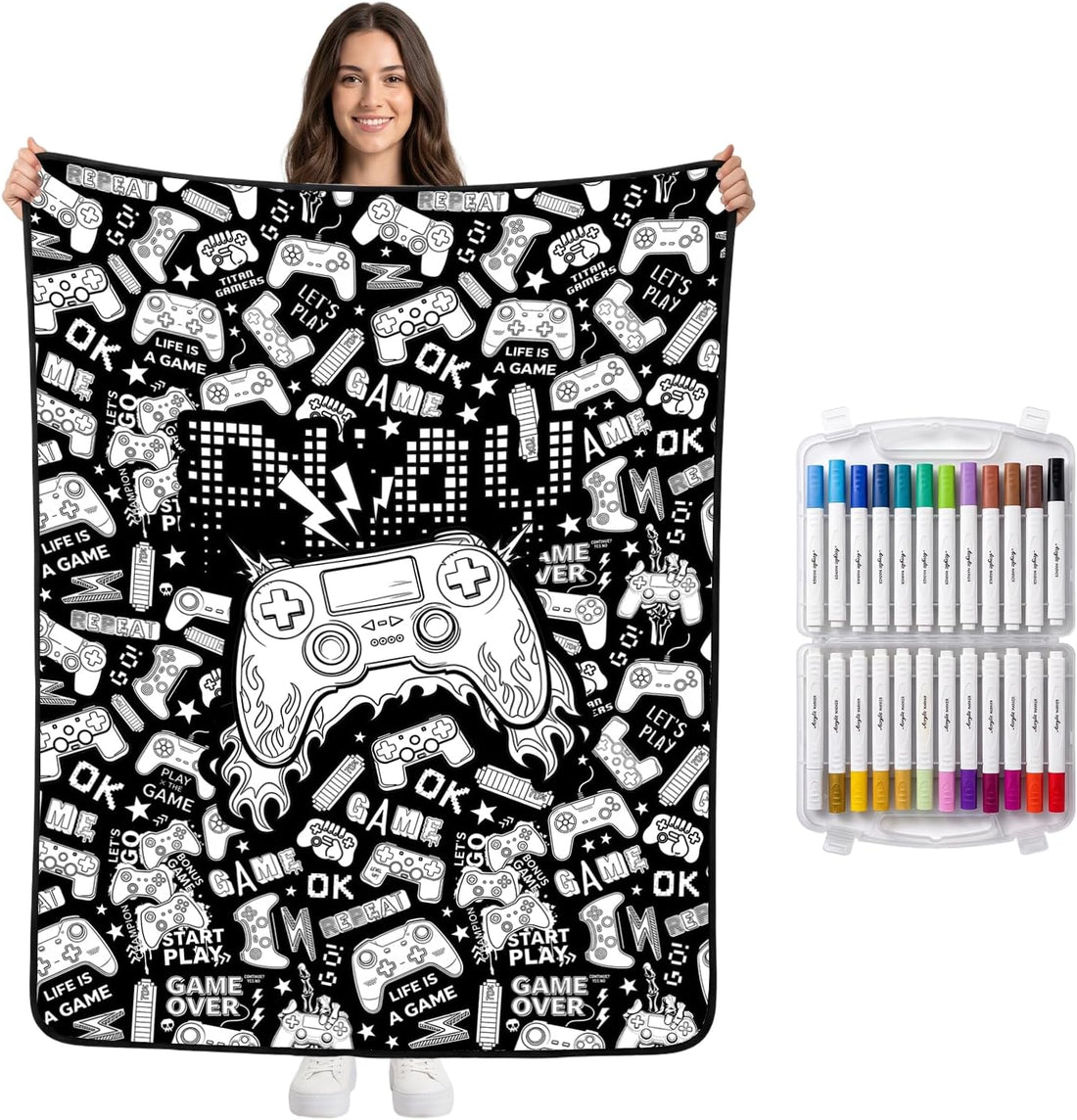 Cat Coloring Blanket for Women Men, DIY Blanket with Markers