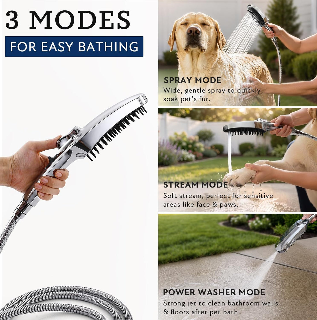G-Promise 3 Mode Dog Wash Shower Attachment with Pause Mode