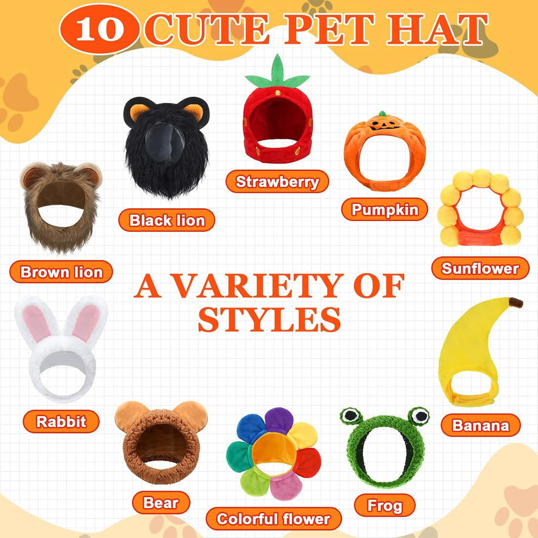 Reginary 10 Pcs Cat Hat Adjustable Animal Fruit Pet Headwear