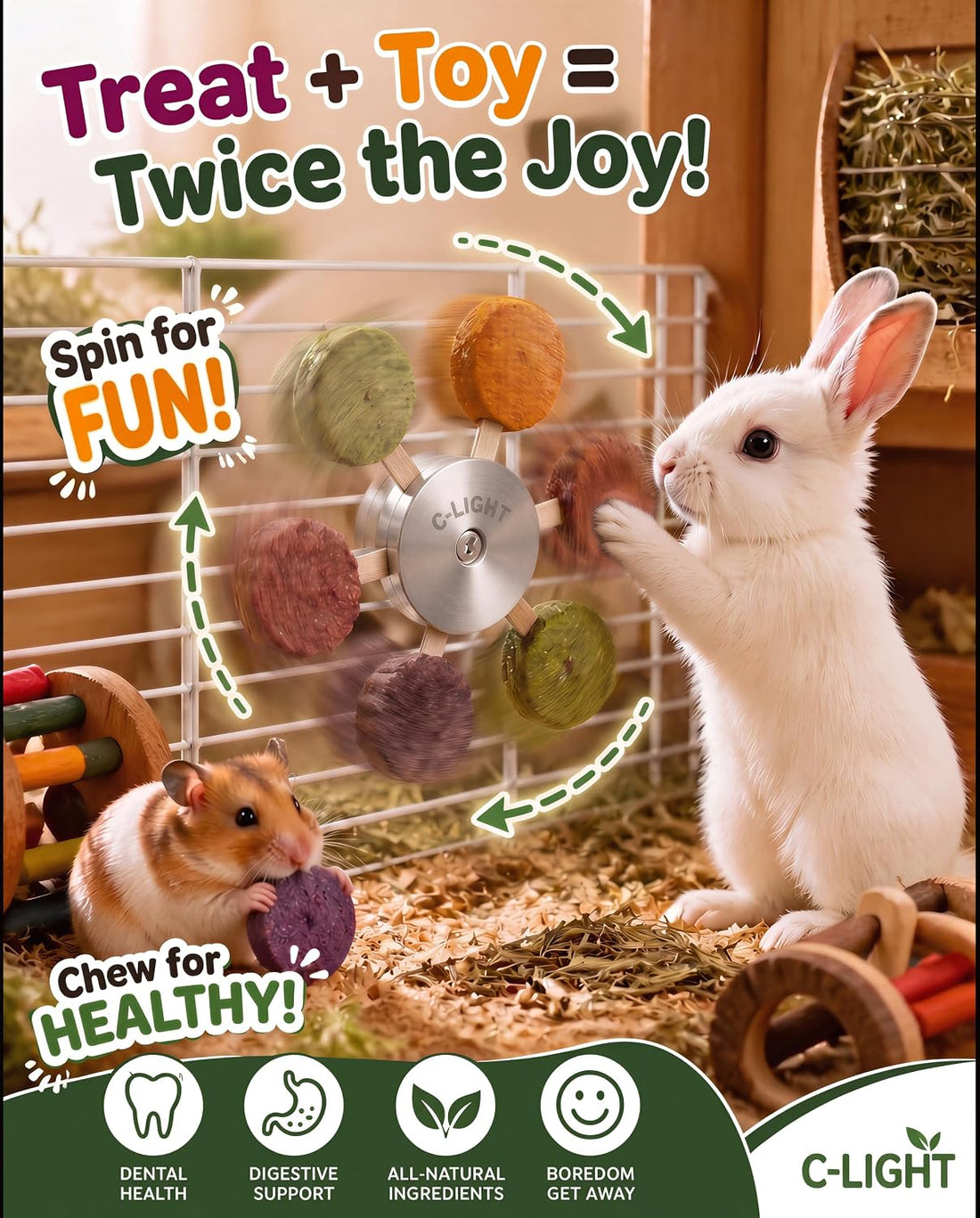 C-LIGHT Guinea Pig Chew Toys, Rotating Spinner + 8 Pcs Timothy