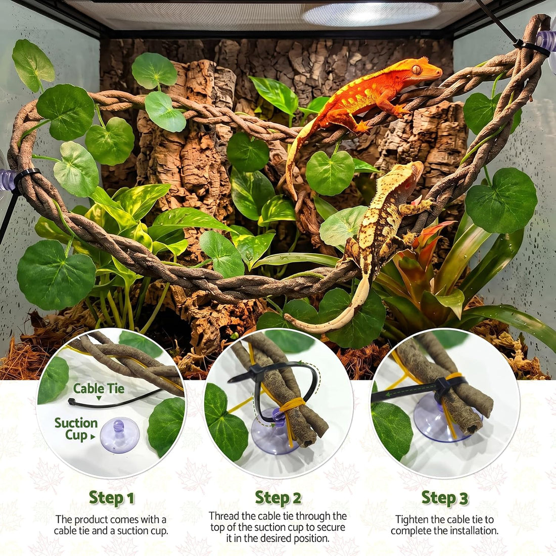 Reptile Jungle Climbing Vines with Leaves, 3-Strand Bendable Branch