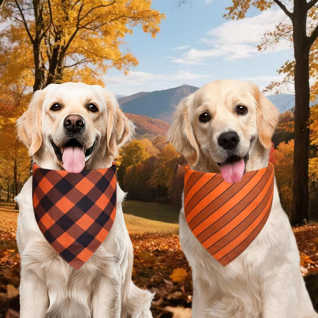 Fall Dog Bandanas Large 3PCS, Plaid Stripe Thanksgiving Scarf