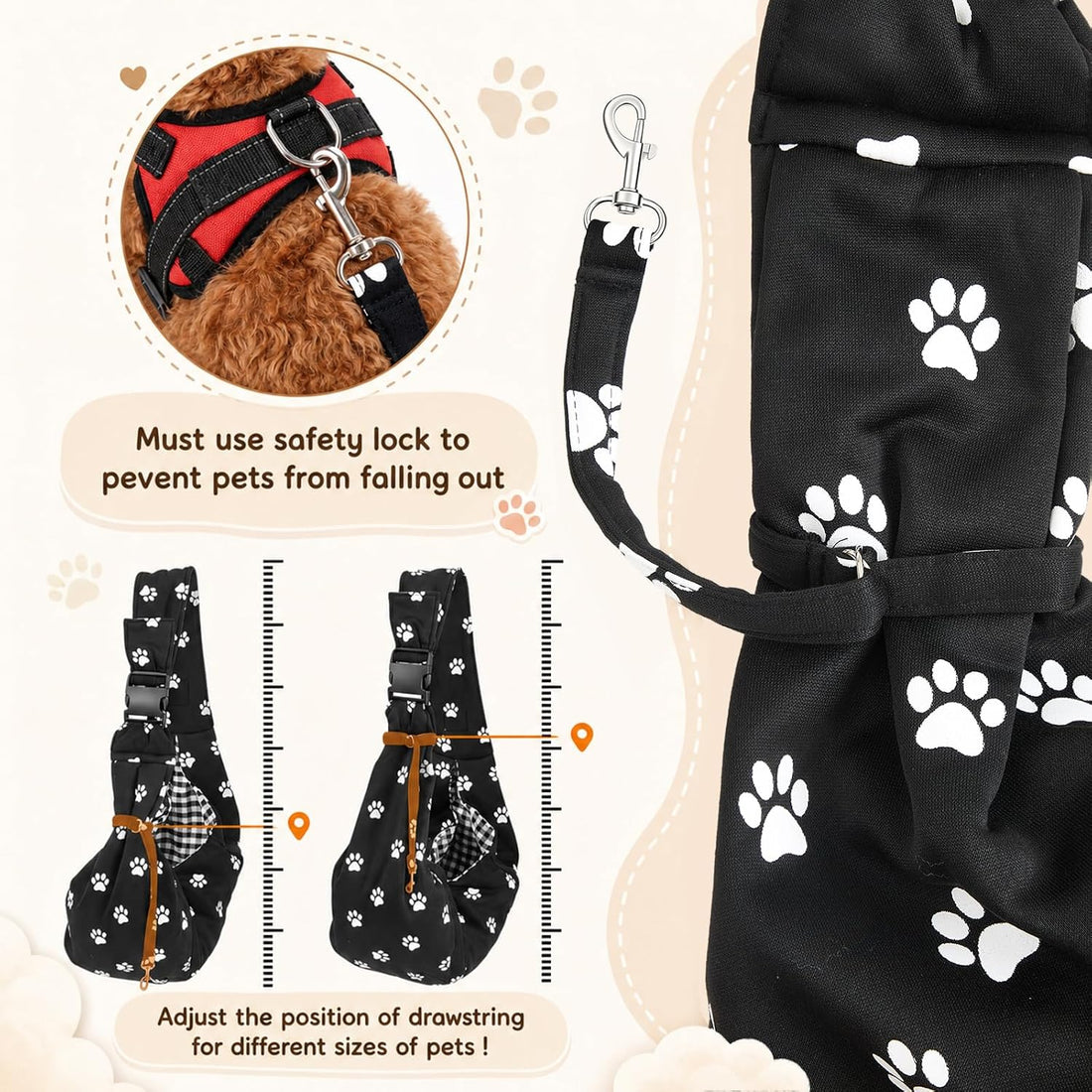 Shoulder Bags for Small Dogs, Dog Shoulder Carrier, Dog Paw, Black, M