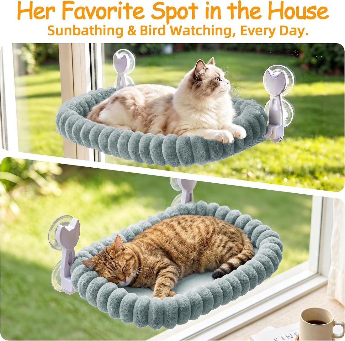 Cat Window Hammock - Beige Cordless Foldable Perch for All Cats