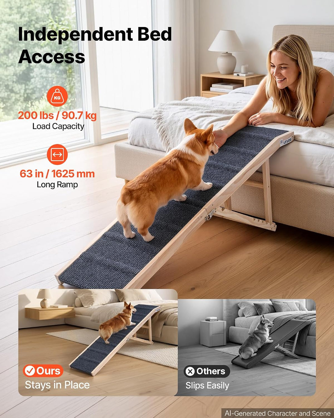 VEVOR Dog Ramp for Bed 23.2"-28.3" 6 Adjustable Height Foldable Pet