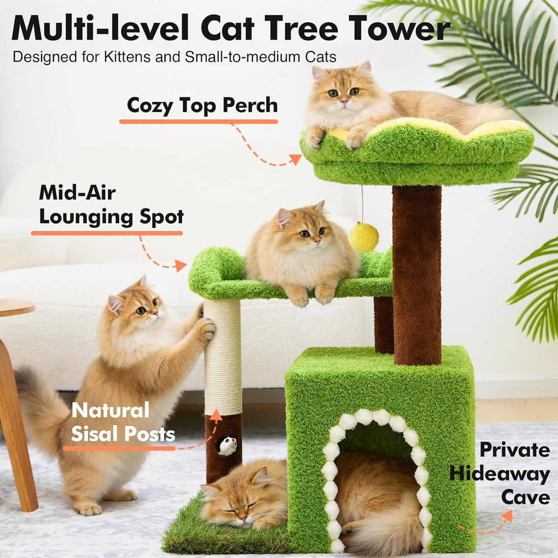 WOOCHPET Sunflower Short Cat Tree with Cat Scratching Posts Small Cat
