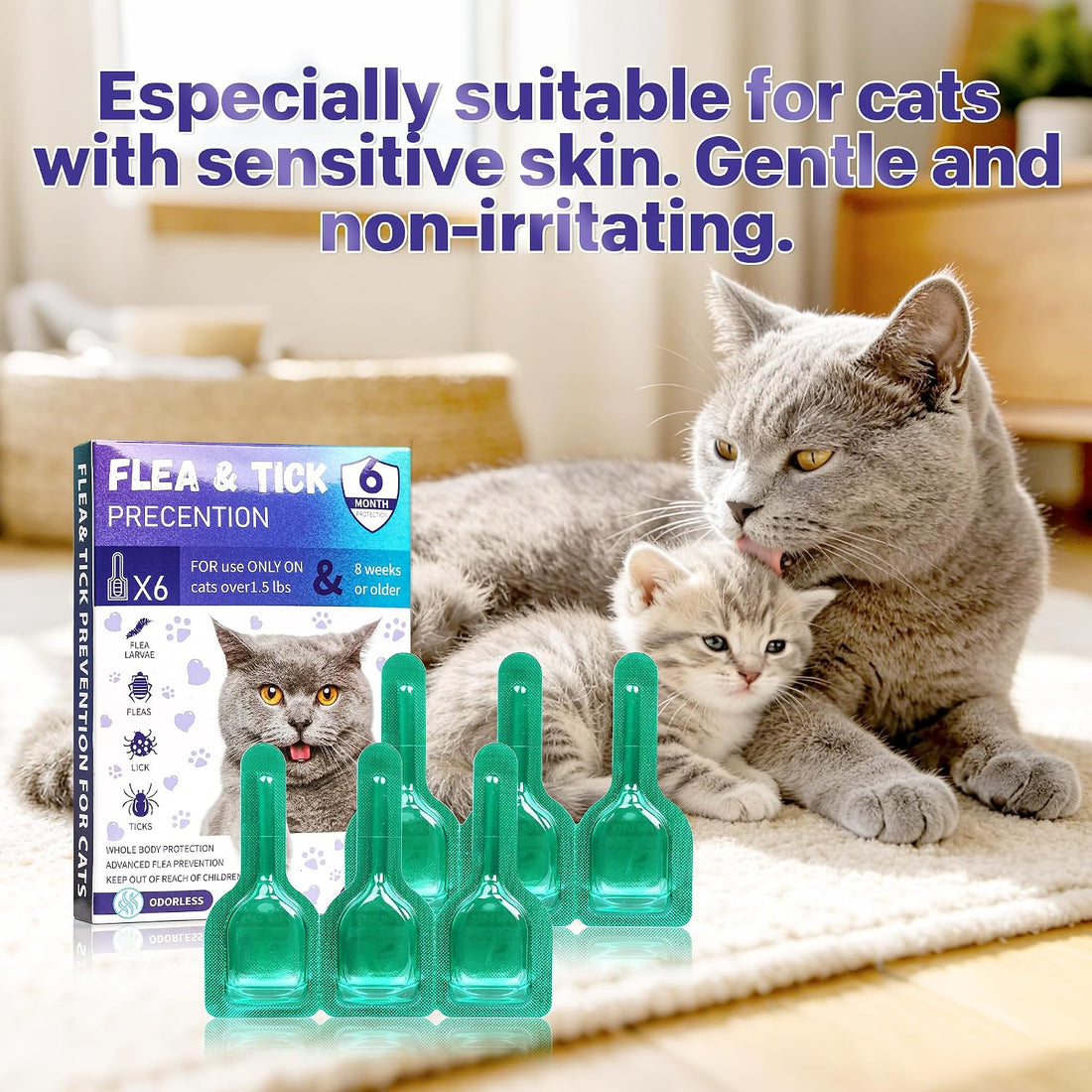 Topical Cat Flea & Tick for Over 1.5 lbs & 8+ Weeks, 6 Month Supply