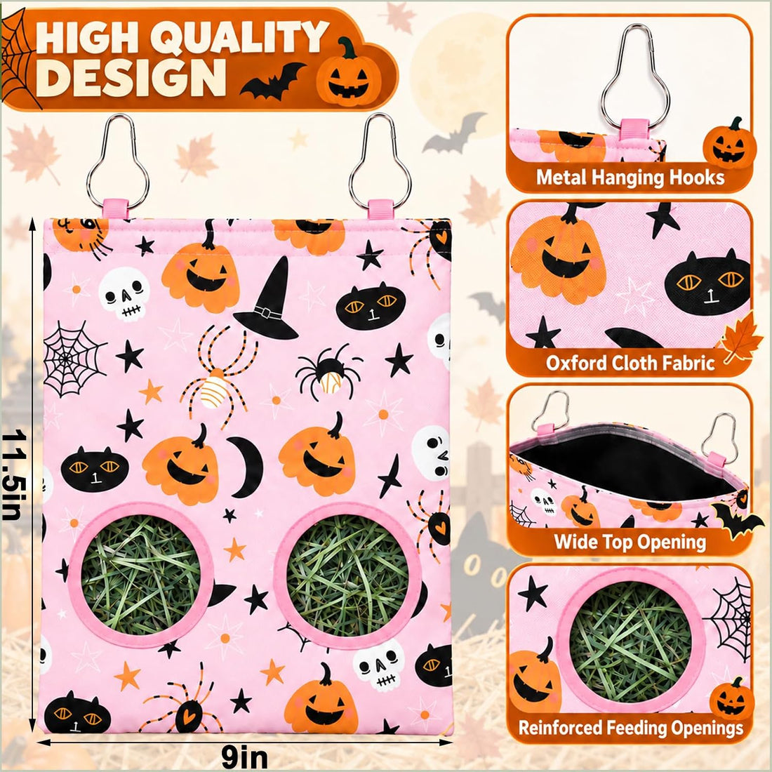 JarThenaAMCS 2Pcs Rabbit Hay Feeder Bag with 2 Holes, Pink Halloween