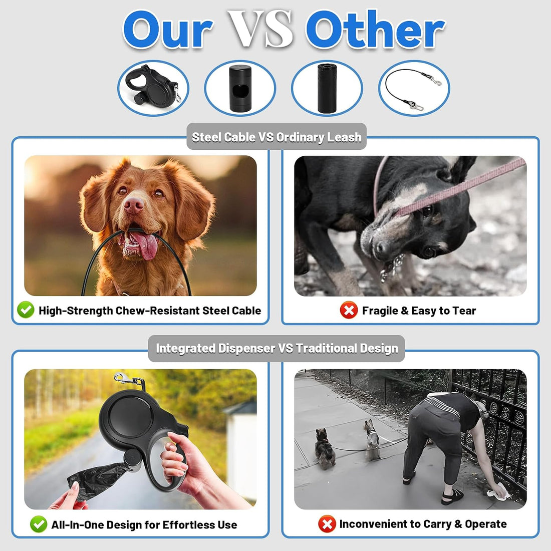26ft Heavy Duty Retractable Dog Leash for Large Dogs with Poop Bag