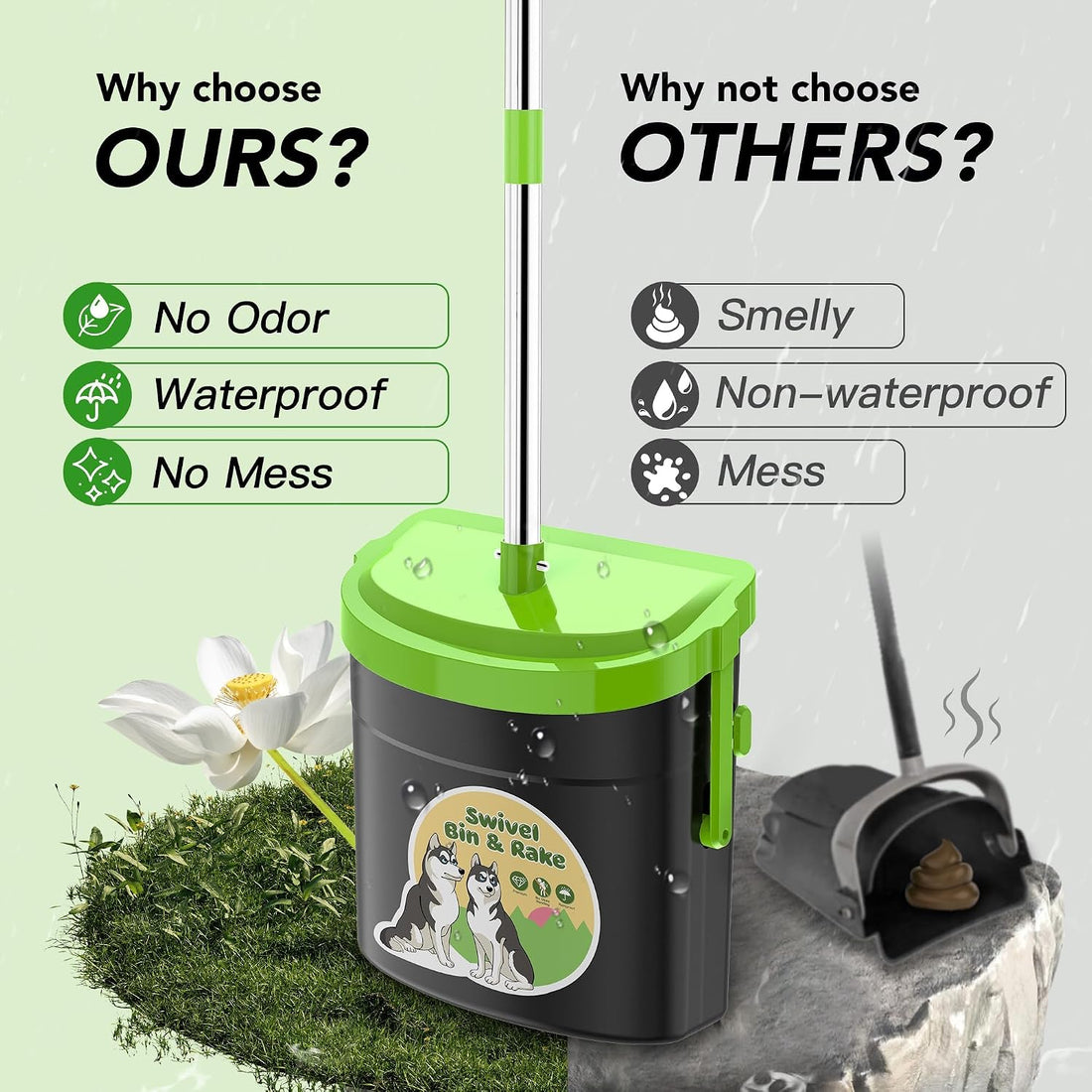 UPSKY 33.4" Dog Pooper Scooper Swivel Bin & Rake Kit with 100 Waste