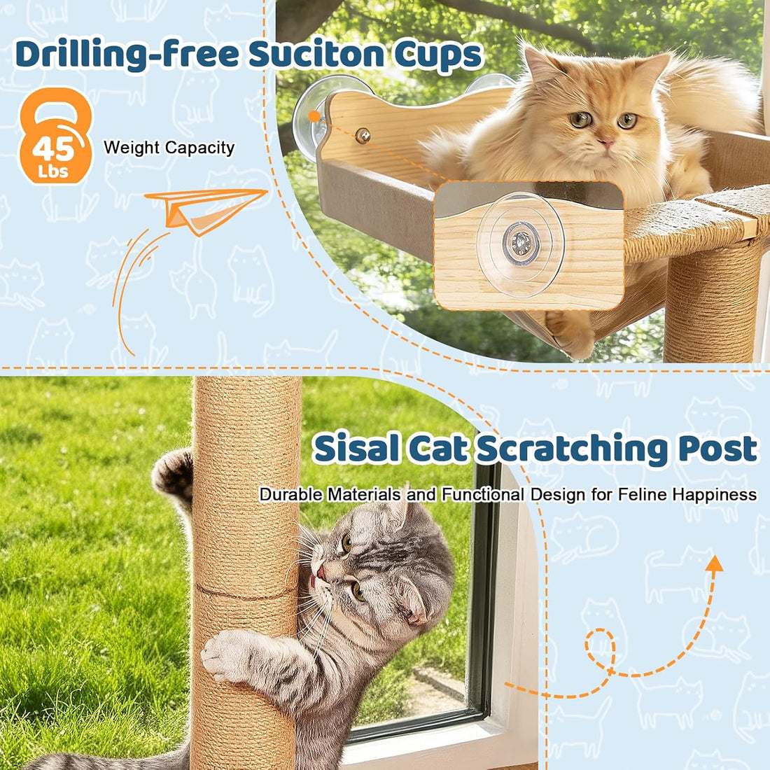 Cat Window Perch Hammock with 3-Piece Detachable Sisal Scratching
