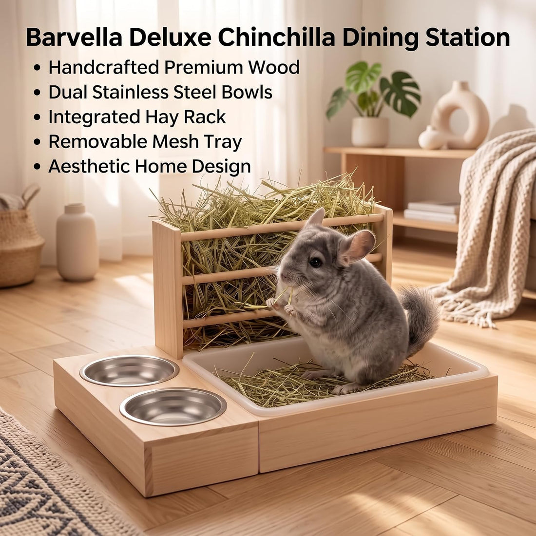 XL Wooden Rabbit Litter Box with Hay Feeder & Dual Stainless Steel