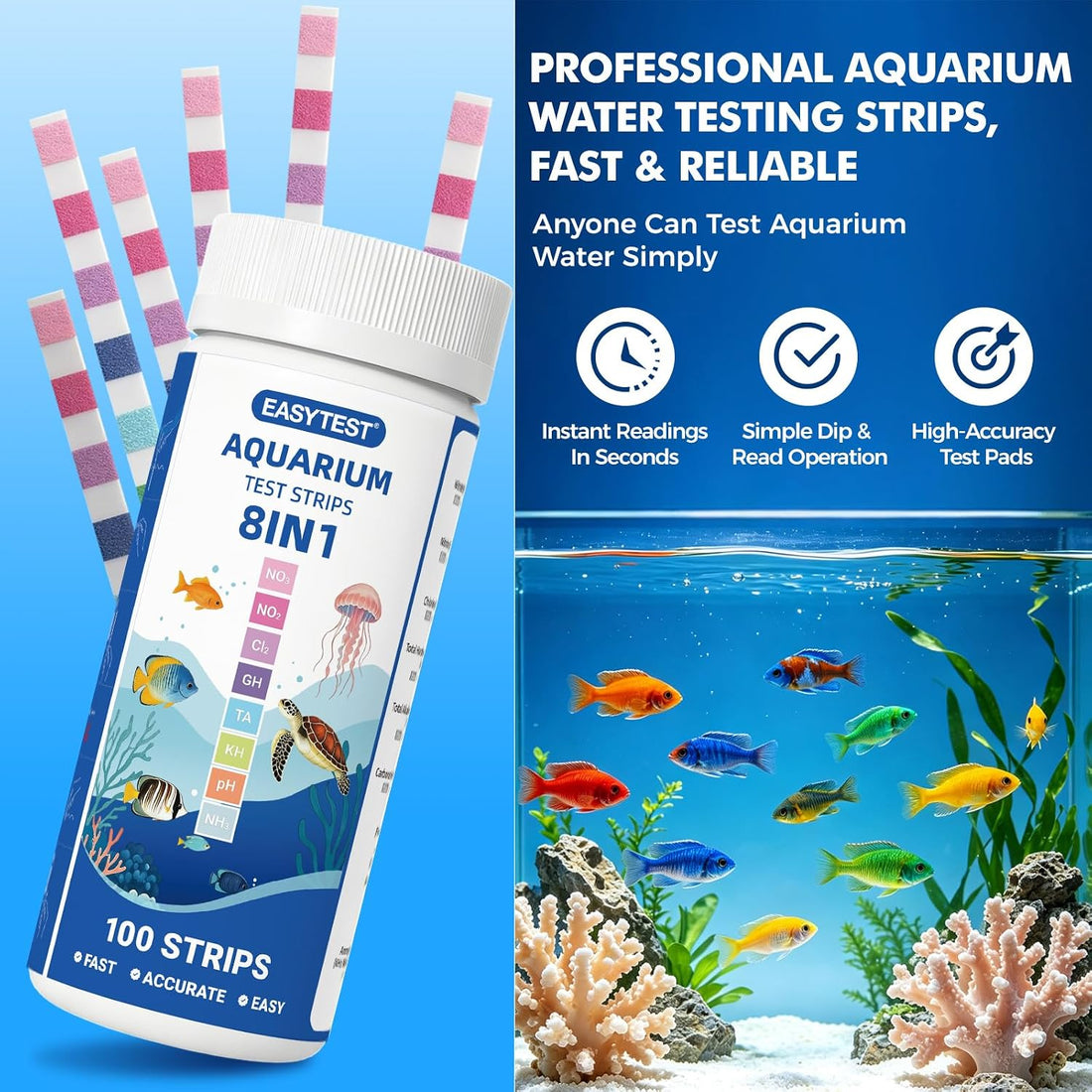 EASYTEST 8-Way Aquarium Test Strips with Ammonia