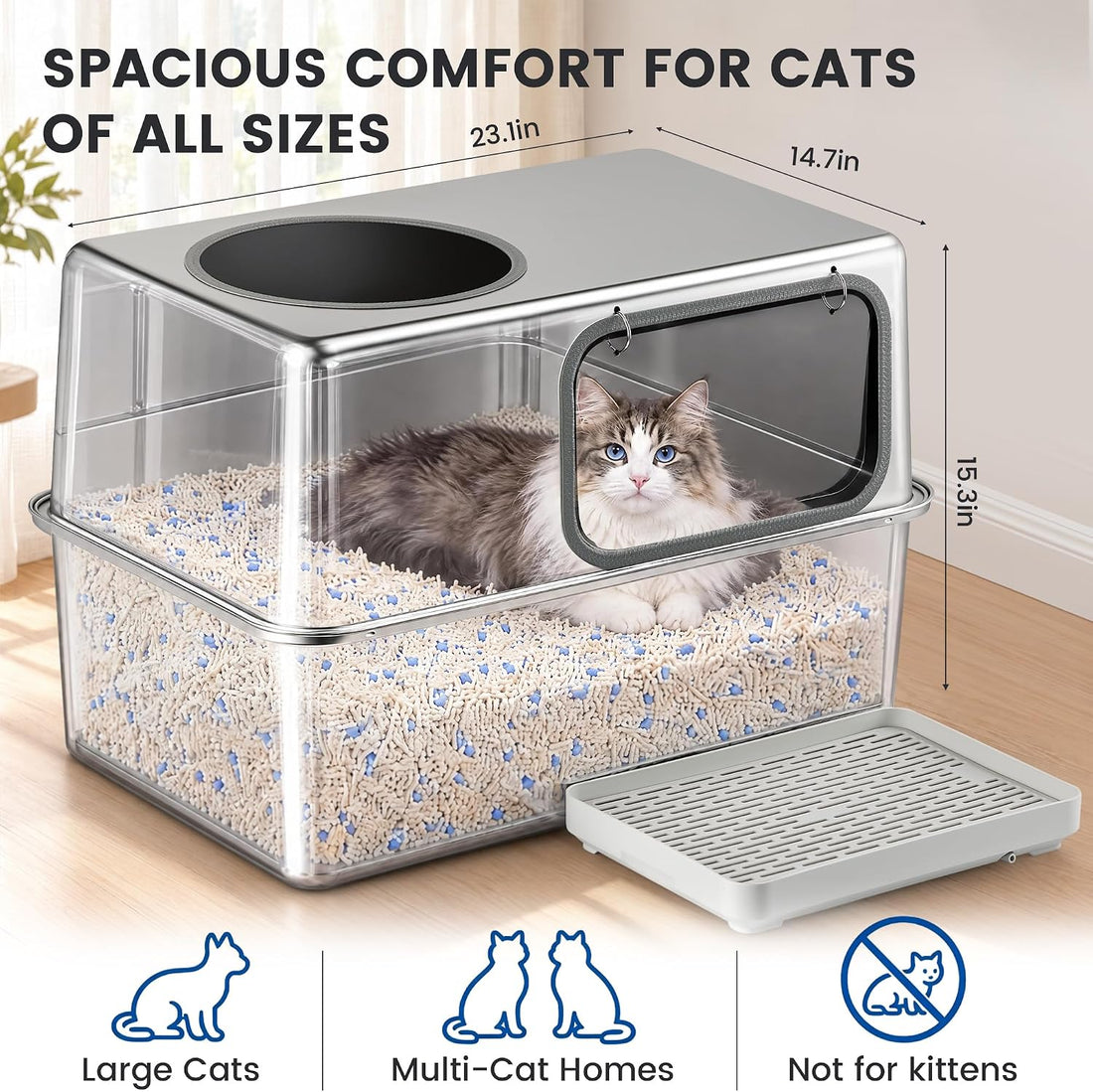 Stainless Steel Litter Box with Lid, Side Entry, 23.1x14.7x15.3 in