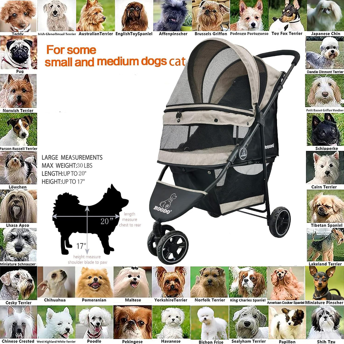 ROODO 3 Wheel Dog Pet Cat Stroller Best Lightweight Foldable Compact