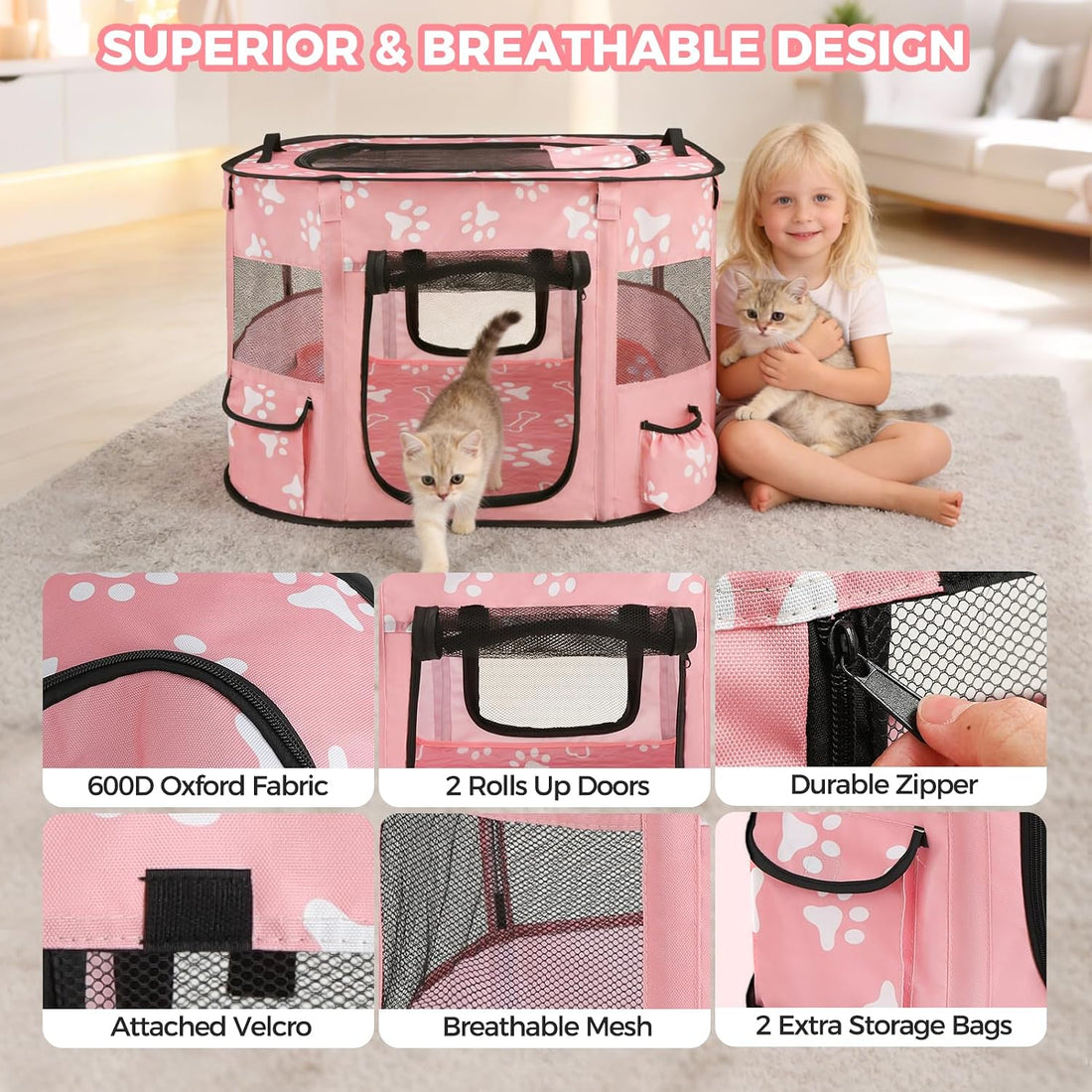Homimp Portable Pet Playpen for Indoor Cats & Puppies