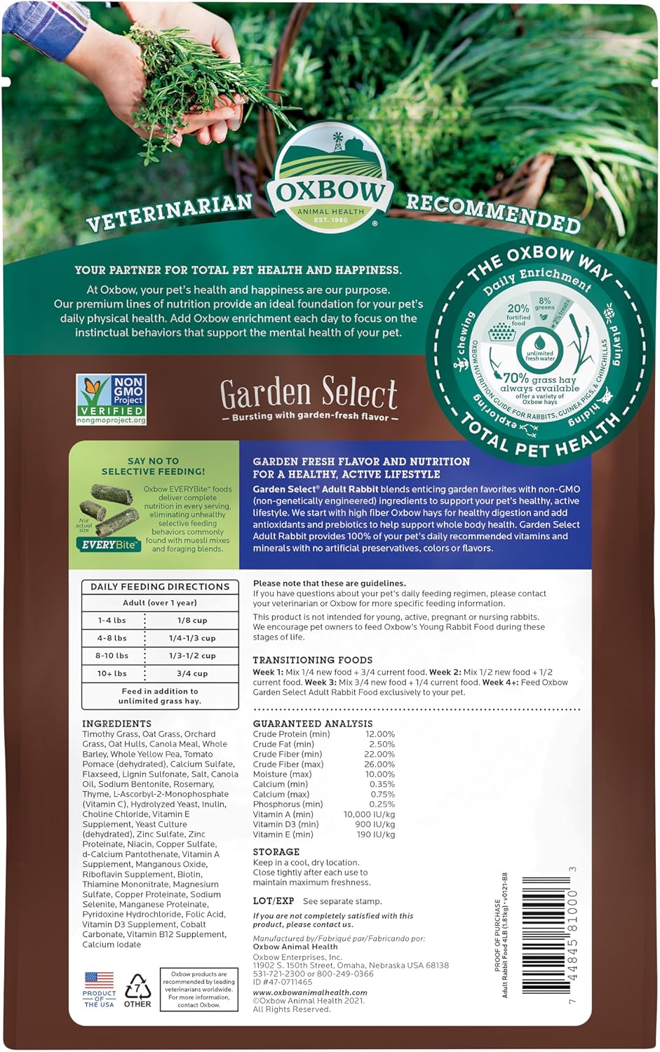 Oxbow Garden Select Adult Rabbit Food, High-Fiber Rabbit Pellets, USA