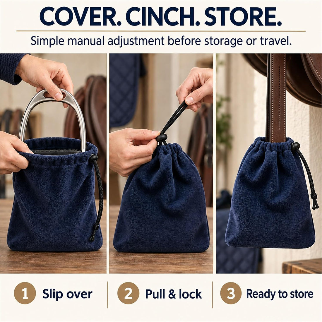English Stirrup Covers, 1 Pair, Fleece Bags with Drawstring Closure
