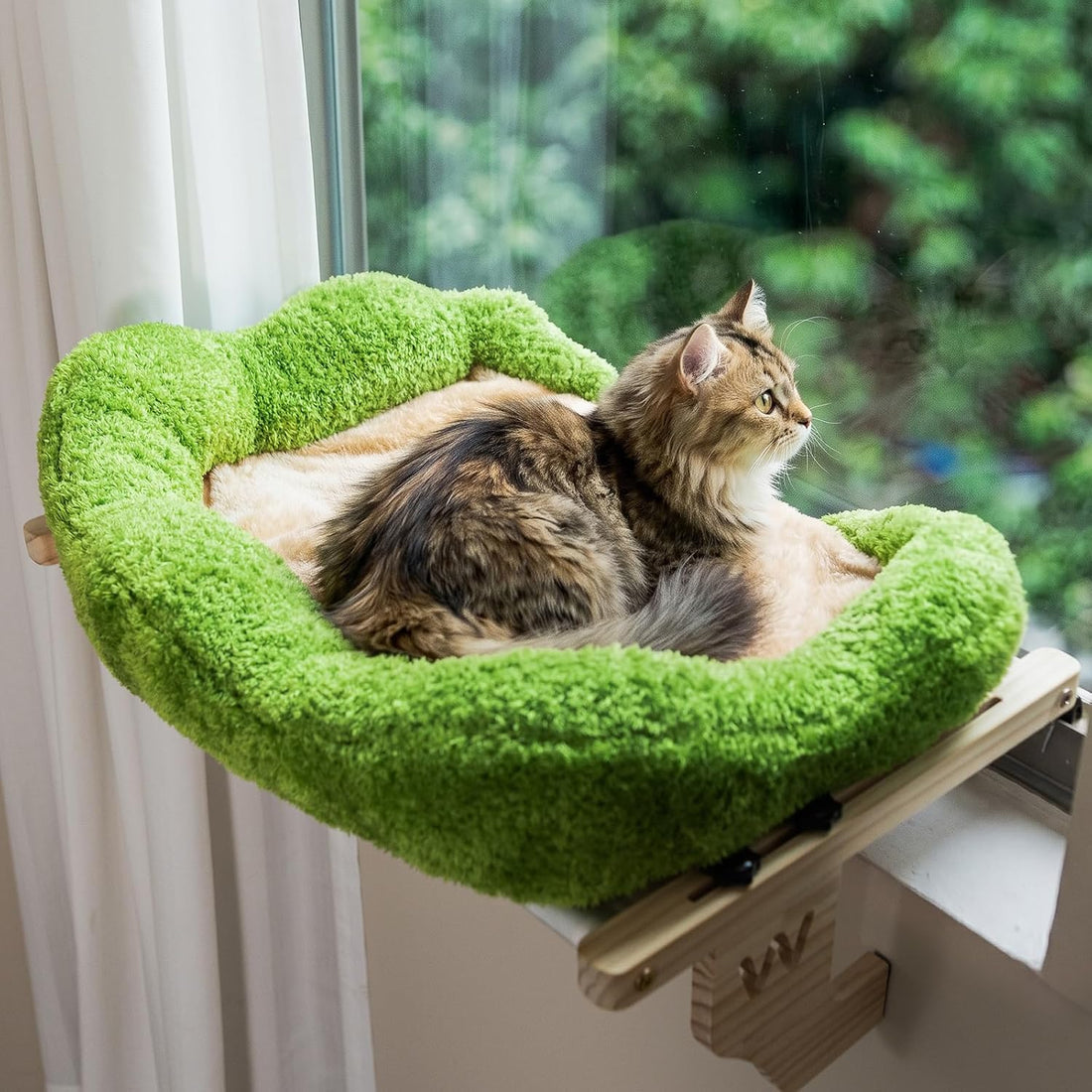WOOCHPET Wooden Cat Window Perch, Cat Window Bed with Soft Cushion