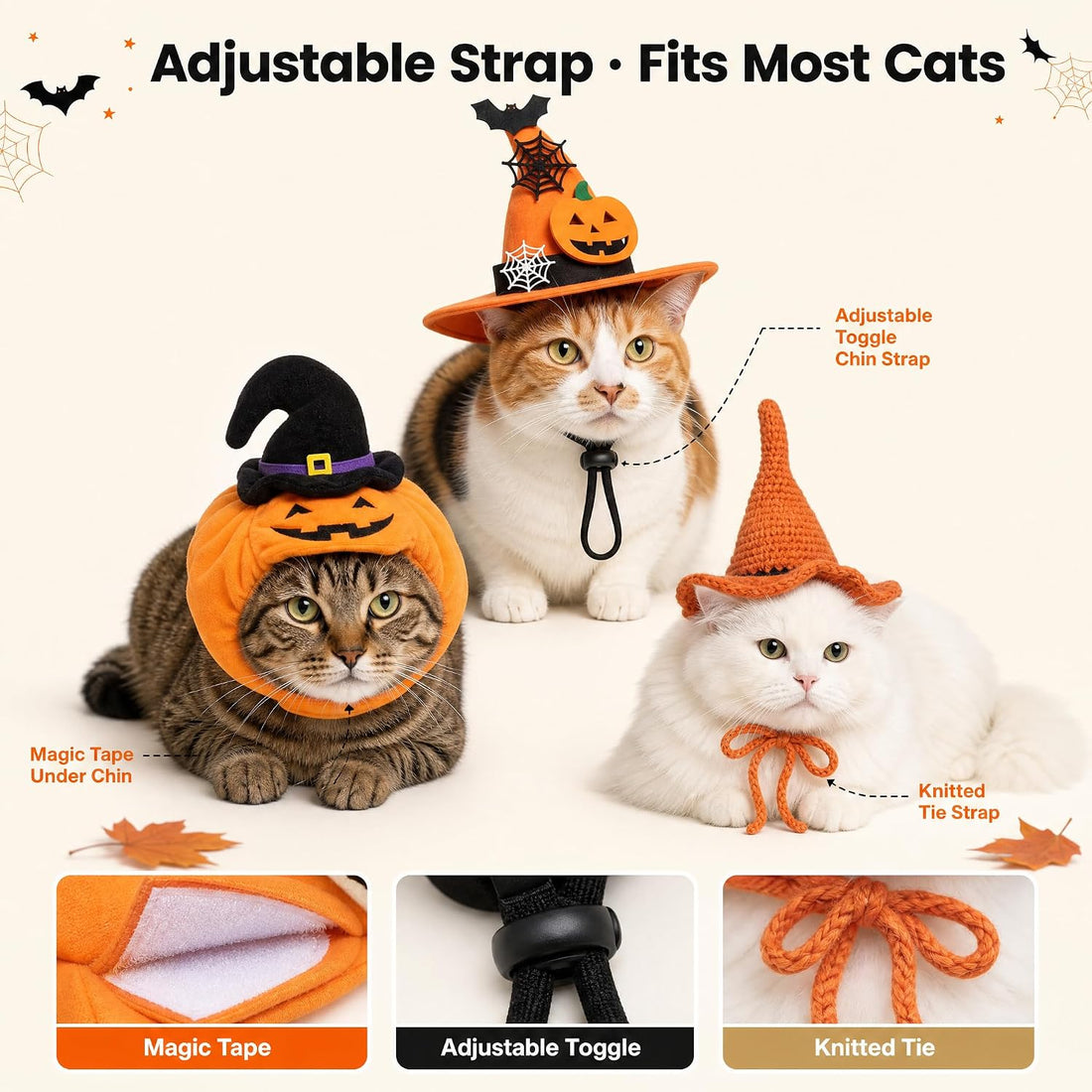 5-Pack Cat Halloween Hat Set - Witch Pumpkin Bat