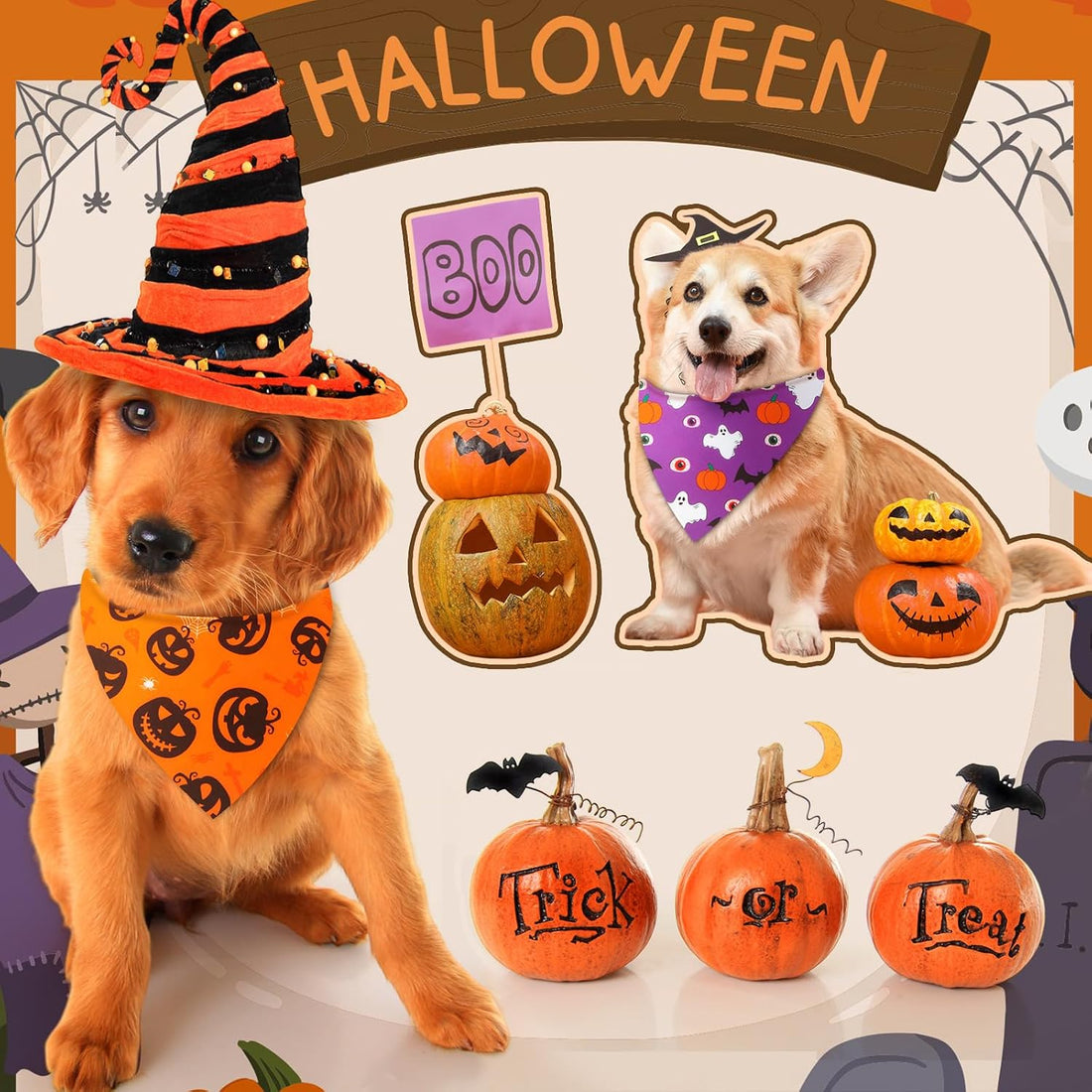 Preboun 100 Pcs Halloween Dog Bandanas Bulk