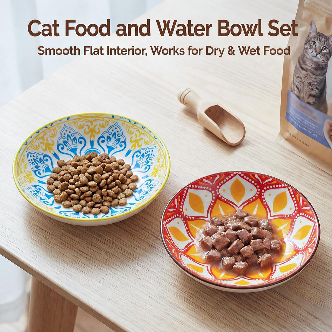 Ceramic Cat Bowls Set of 6 - Colorful Cute Shallow Cat Dishes