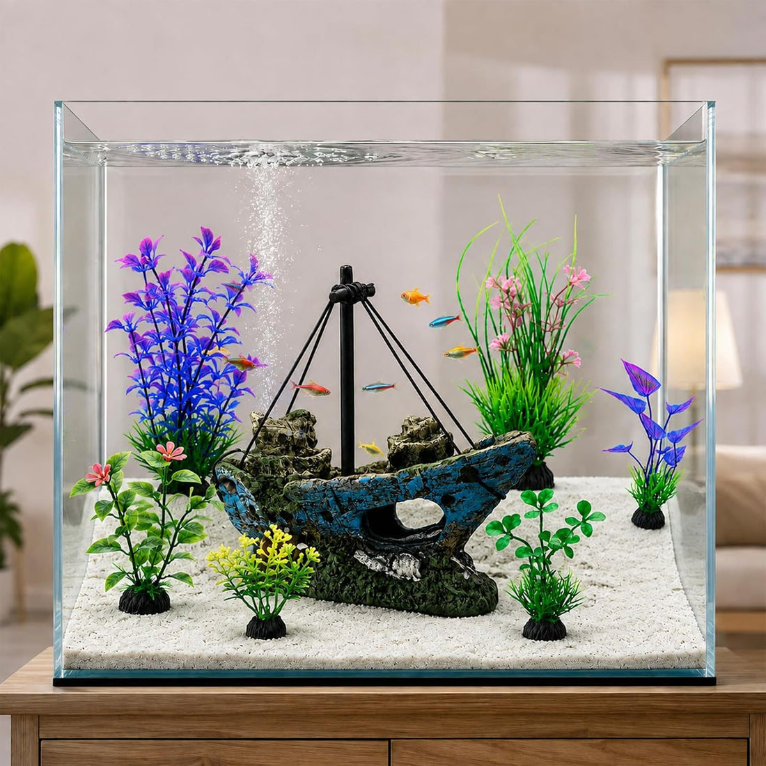 7 Pcs Shipwreck Aquarium Decorations Aquarium Plants for Fish Tank