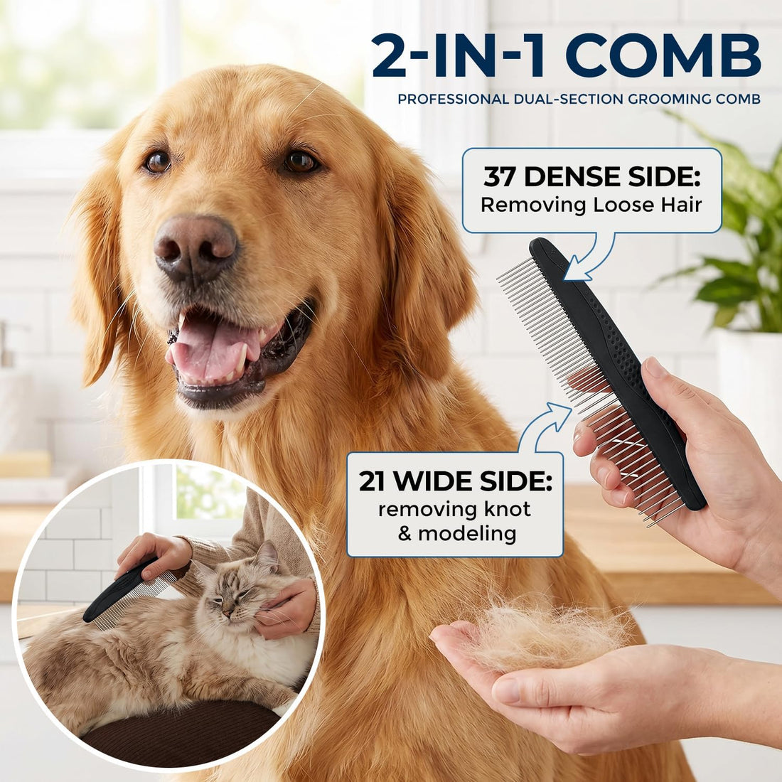 3-in-1 Pet Grooming Kit Rake Metal Comb & Bath Brush