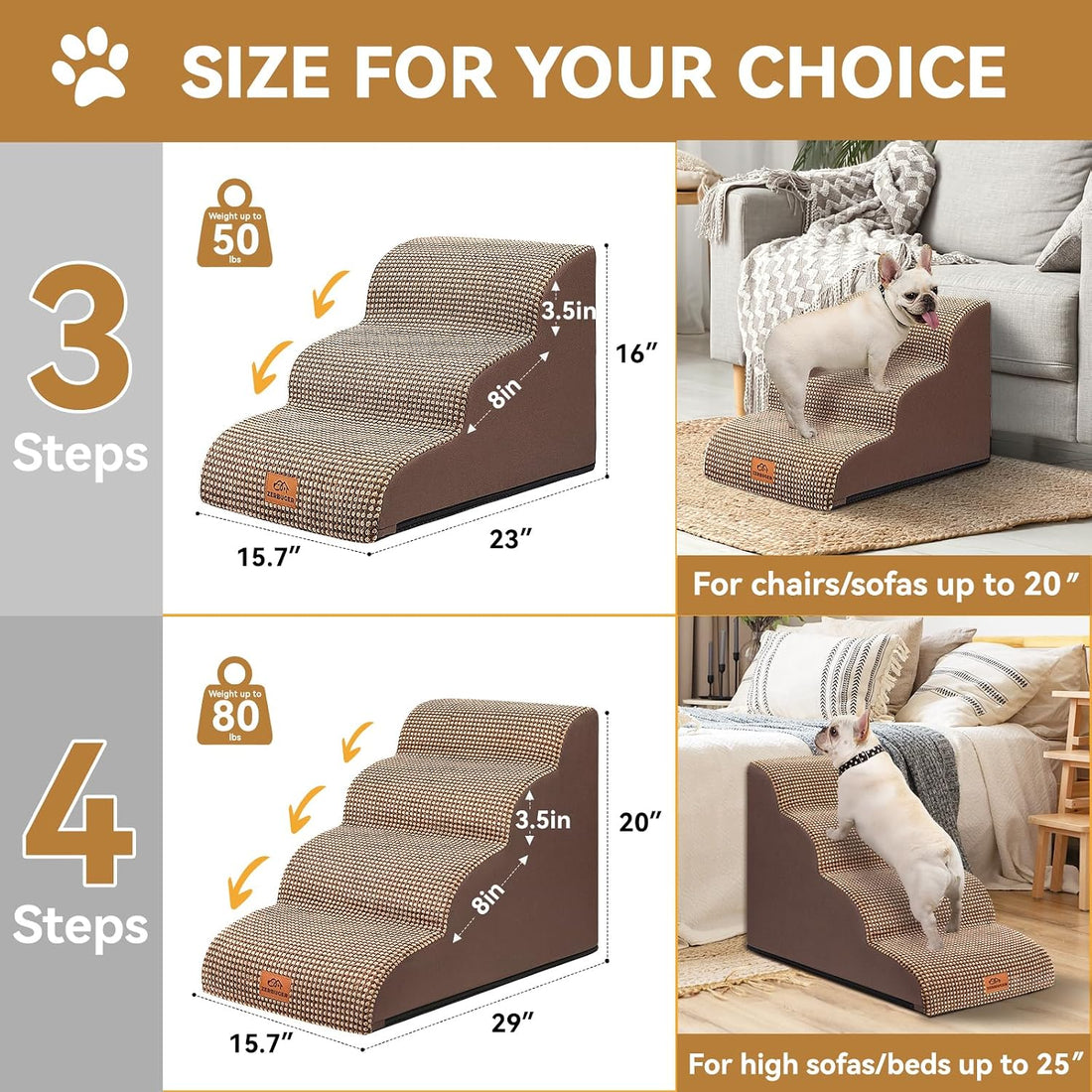 Zerbuger Dog Ramp and Stairs for Bed, Coffee 3 Steps 16" H