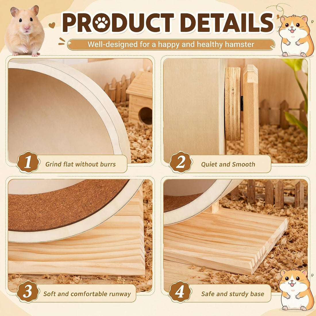 L, 11 Inch Wooden Silent Hamster Wheel with Water Bottle