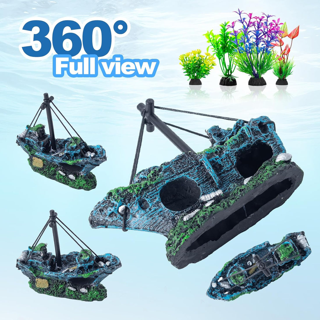 8Pcs Fish Tank Decorations Set Sunken Ship Decoration,Resin Material