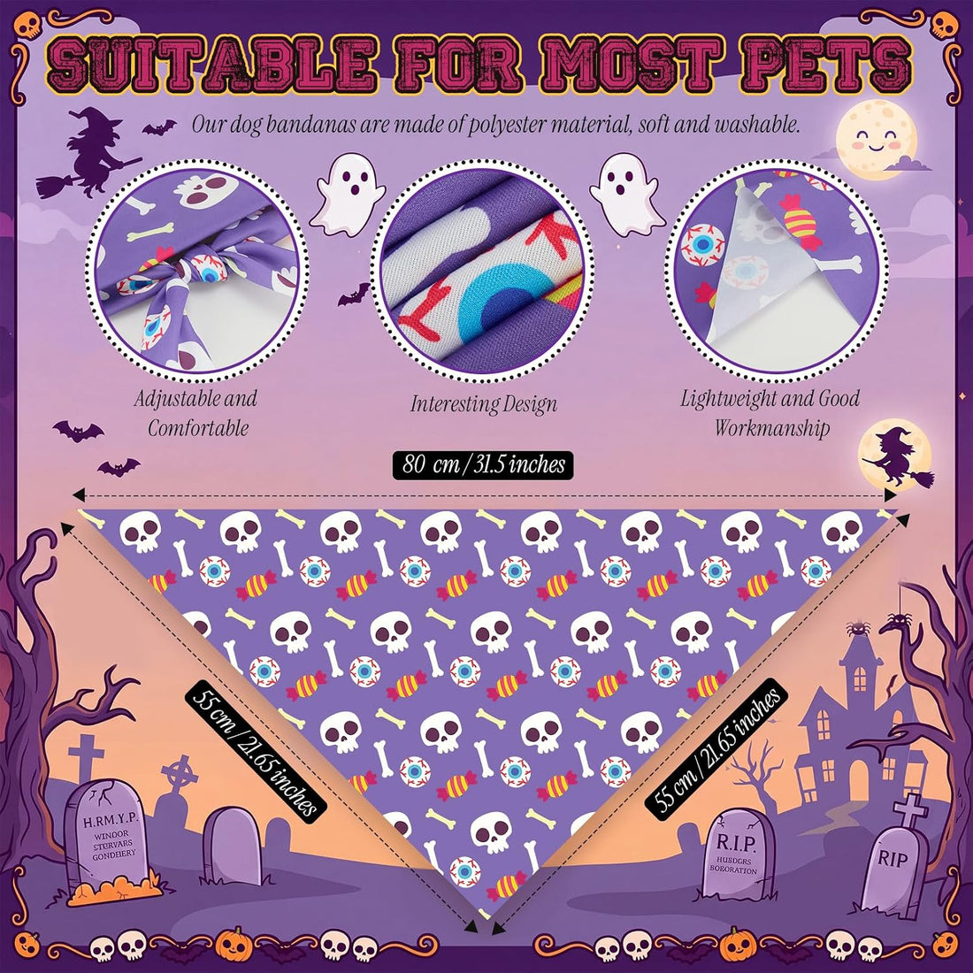 50 Pcs Halloween Dog Bandanas Bulk, Pumpkin Ghost Bat Skull Pattern