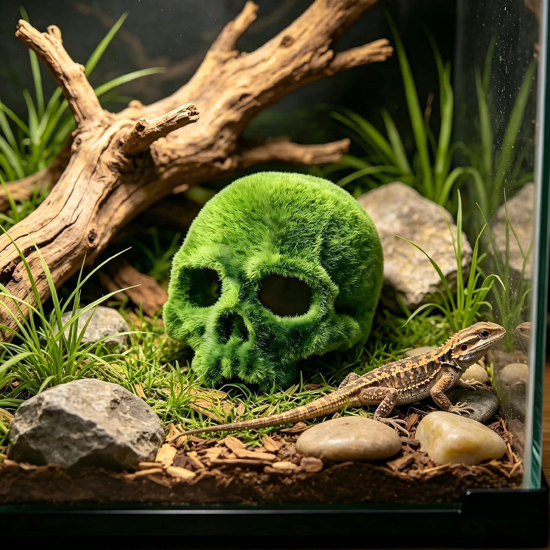 Mossy Skull Terrarium Ornament 4.5" Realistic Reptile Habitat Decor